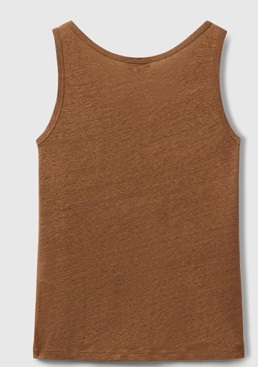  Kadın Kahverengi %100 Keten Yanları Yırtmaçlı Regular Fit Yuvarlak Yaka Atlet