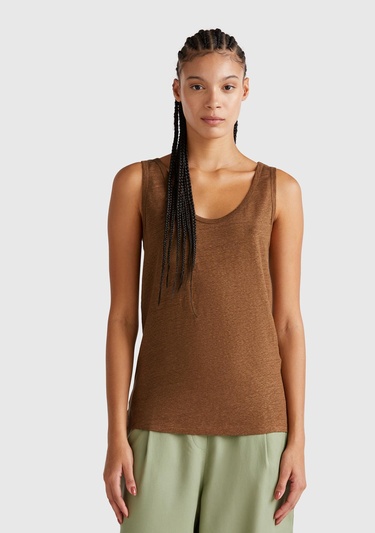  Kadın Kahverengi %100 Keten Yanları Yırtmaçlı Regular Fit Yuvarlak Yaka Atlet
