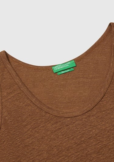  Kadın Kahverengi %100 Keten Yanları Yırtmaçlı Regular Fit Yuvarlak Yaka Atlet