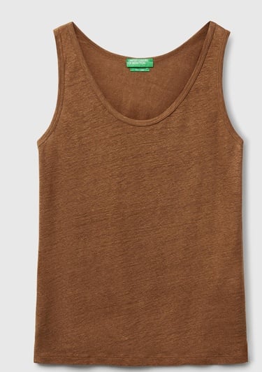  Kadın Kahverengi %100 Keten Yanları Yırtmaçlı Regular Fit Yuvarlak Yaka Atlet