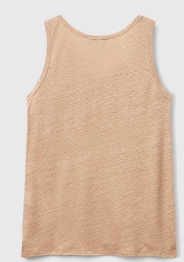  Kadın Bej %100 Keten Yanları Yırtmaçlı Regular Fit Yuvarlak Yaka Atlet