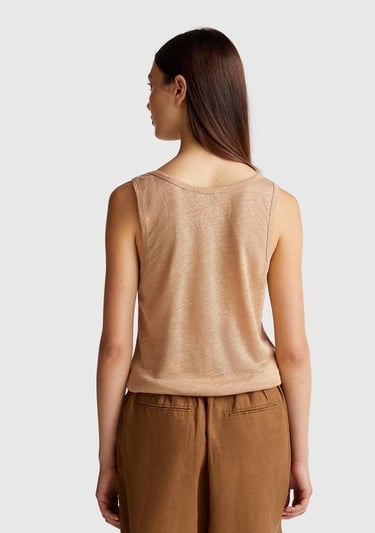  Kadın Bej %100 Keten Yanları Yırtmaçlı Regular Fit Yuvarlak Yaka Atlet