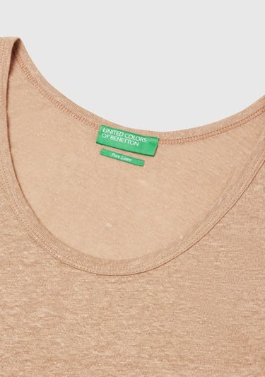  Kadın Bej %100 Keten Yanları Yırtmaçlı Regular Fit Yuvarlak Yaka Atlet
