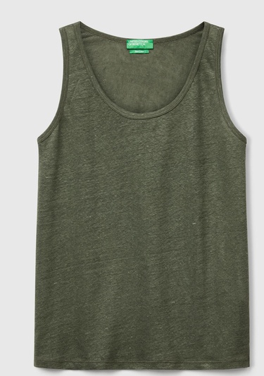  Kadın Haki %100 Keten Yanları Yırtmaçlı Regular Fit Yuvarlak Yaka Atlet