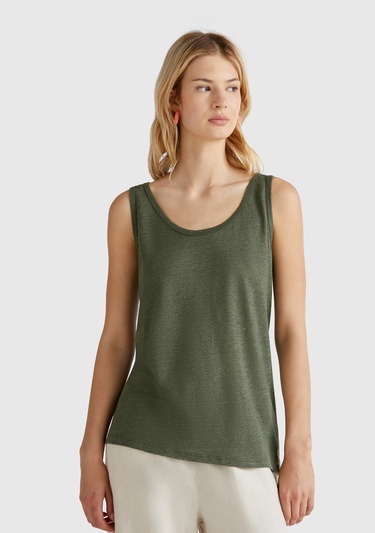  Kadın Haki %100 Keten Yanları Yırtmaçlı Regular Fit Yuvarlak Yaka Atlet