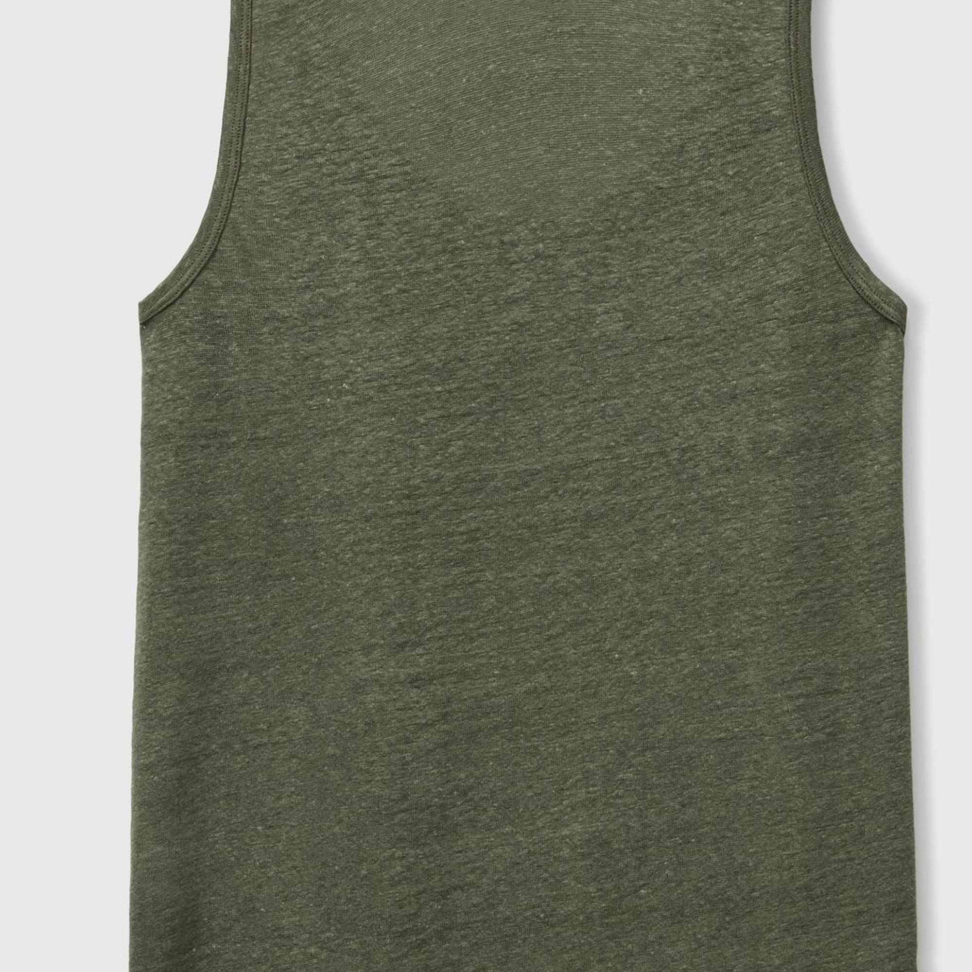 Kadın Haki %100 Keten Yanları Yırtmaçlı Regular Fit Yuvarlak Yaka Atlet