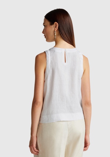  Kadın Beyaz %100 Keten Kolsuz Bluz