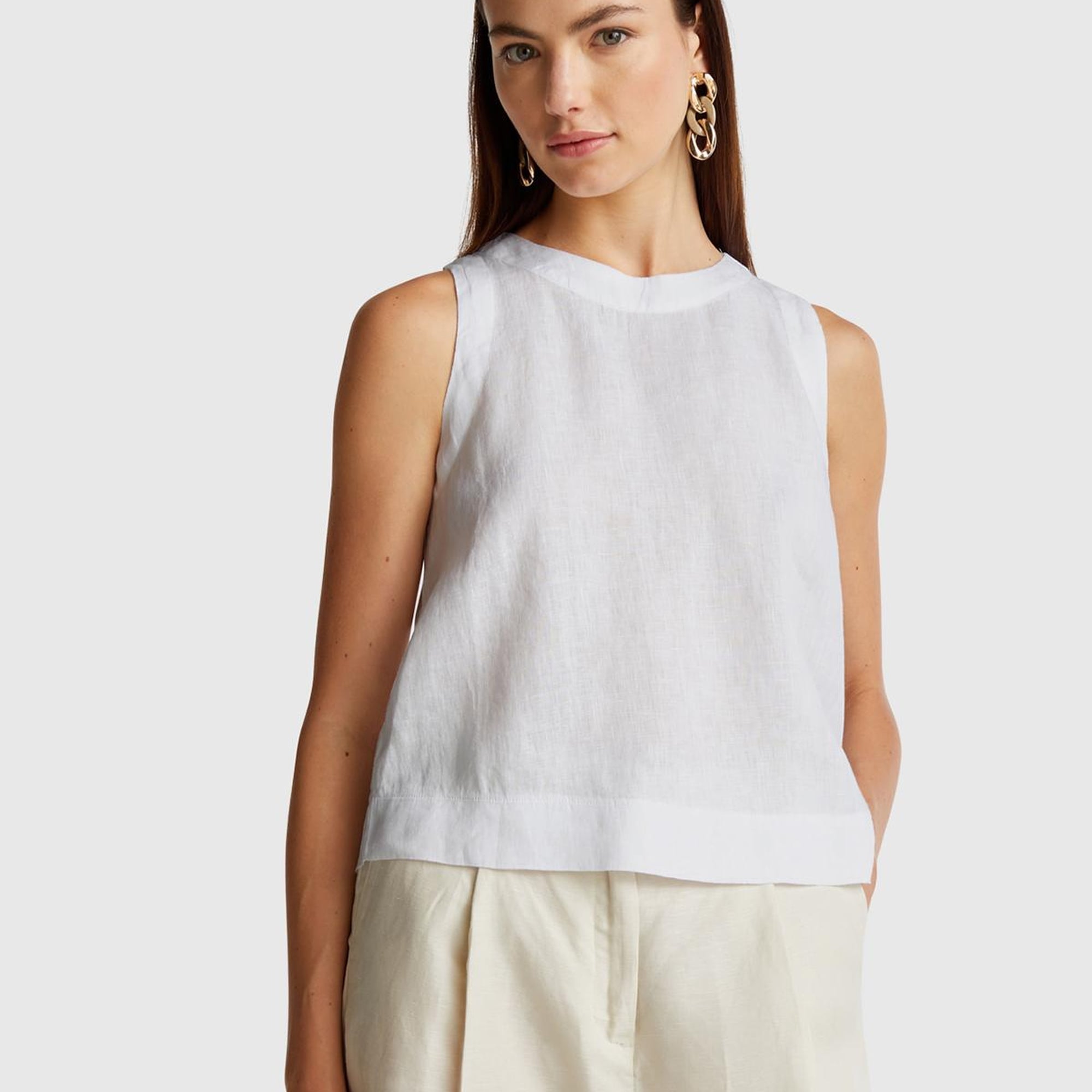 Kadın Beyaz %100 Keten Kolsuz Bluz