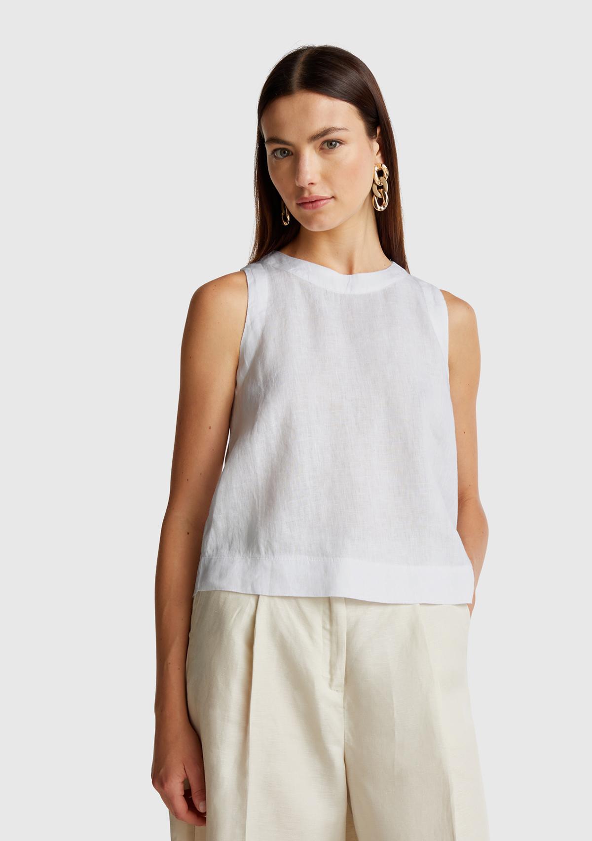  Kadın Beyaz %100 Keten Kolsuz Bluz