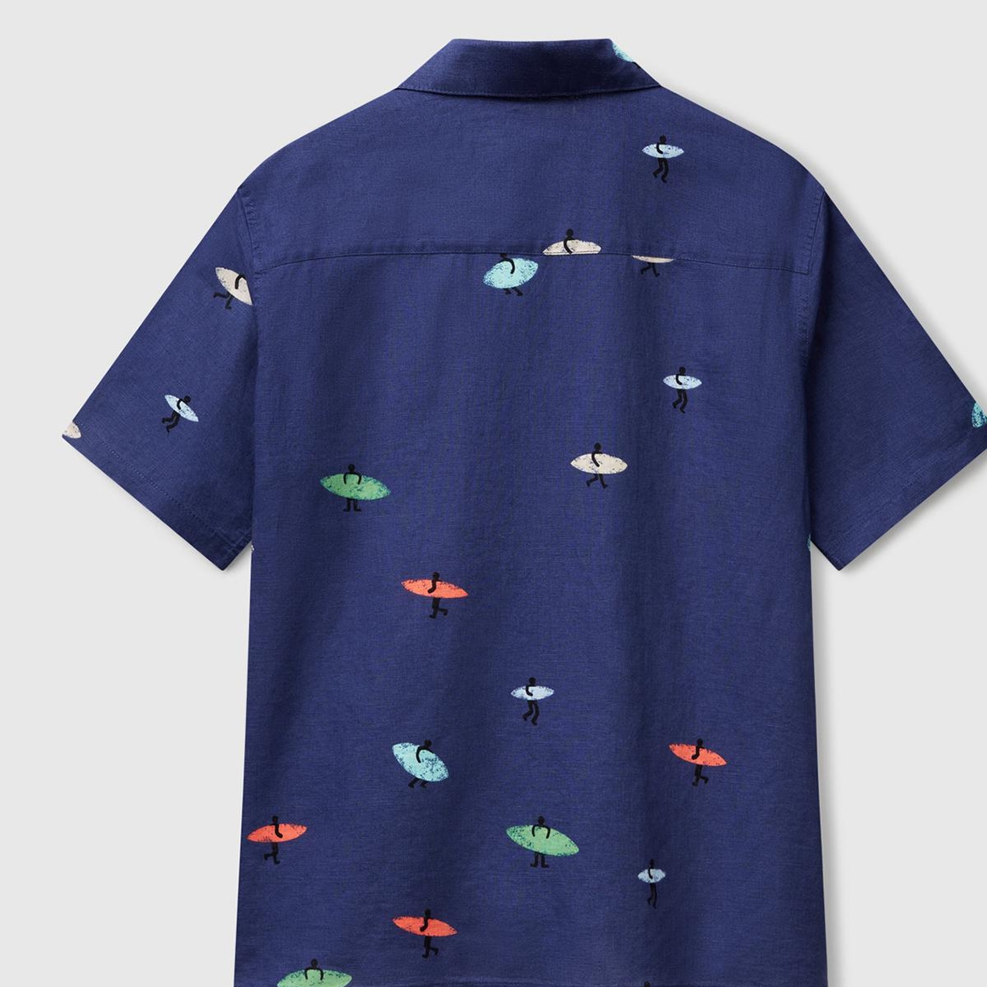 Erkek Lacivert Pamuk Keten Karışımlı Desenli Bowling Yaka Kısa Kollu Gömlek