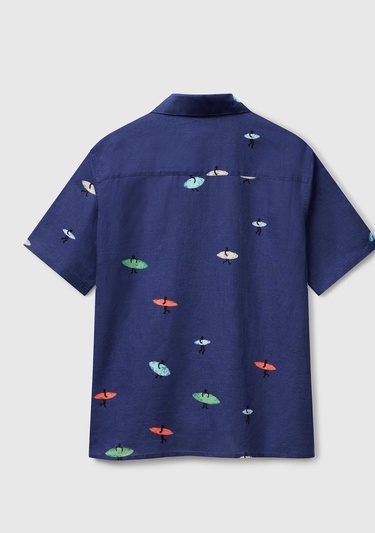  Erkek Lacivert Pamuk Keten Karışımlı Desenli Bowling Yaka Kısa Kollu Gömlek