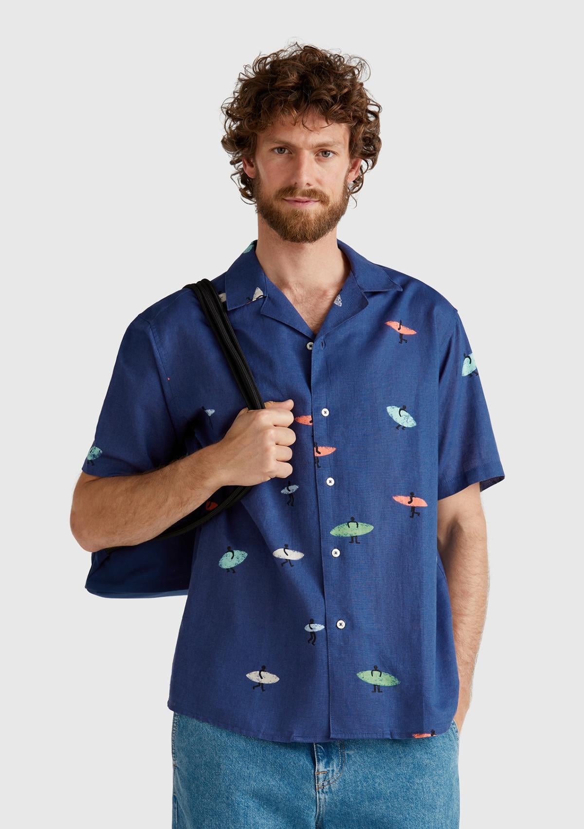  Erkek Lacivert Pamuk Keten Karışımlı Desenli Bowling Yaka Kısa Kollu Gömlek