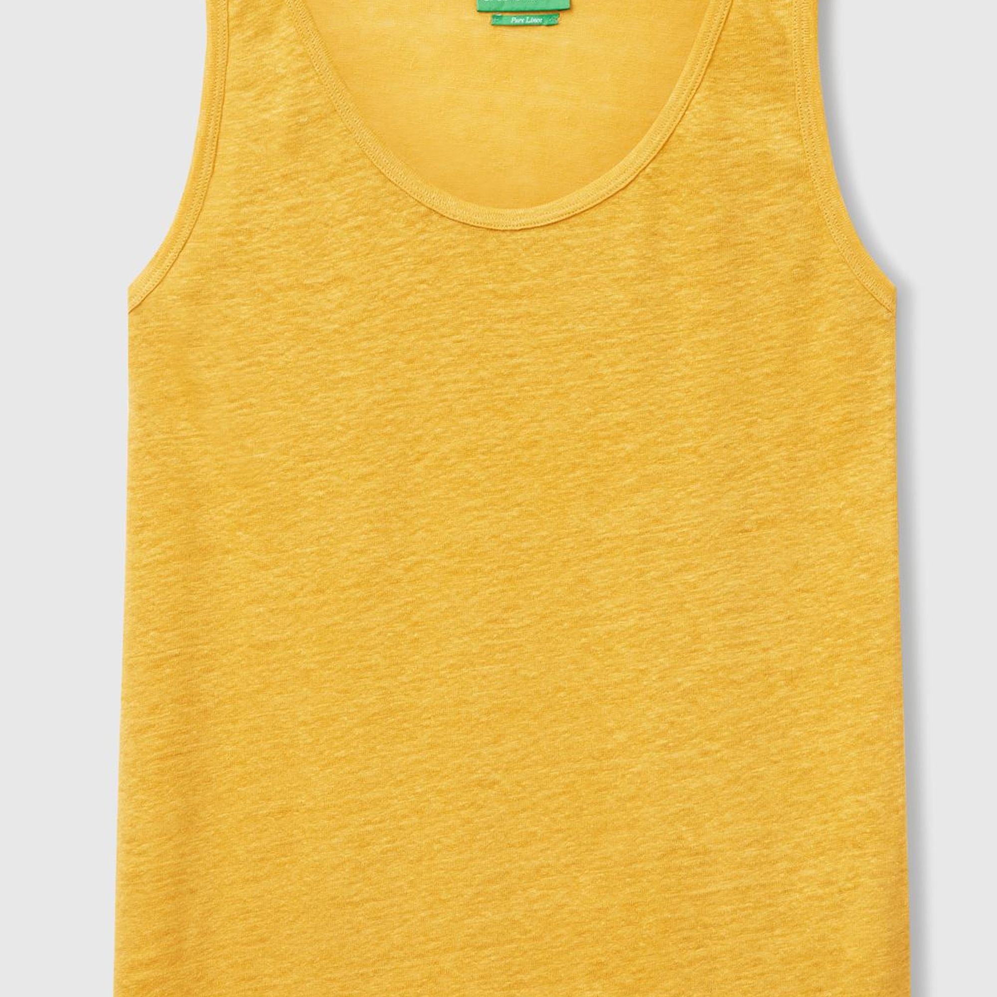 Kadın Sarı %100 Keten Yanları Yırtmaçlı Regular Fit Yuvarlak Yaka Atlet