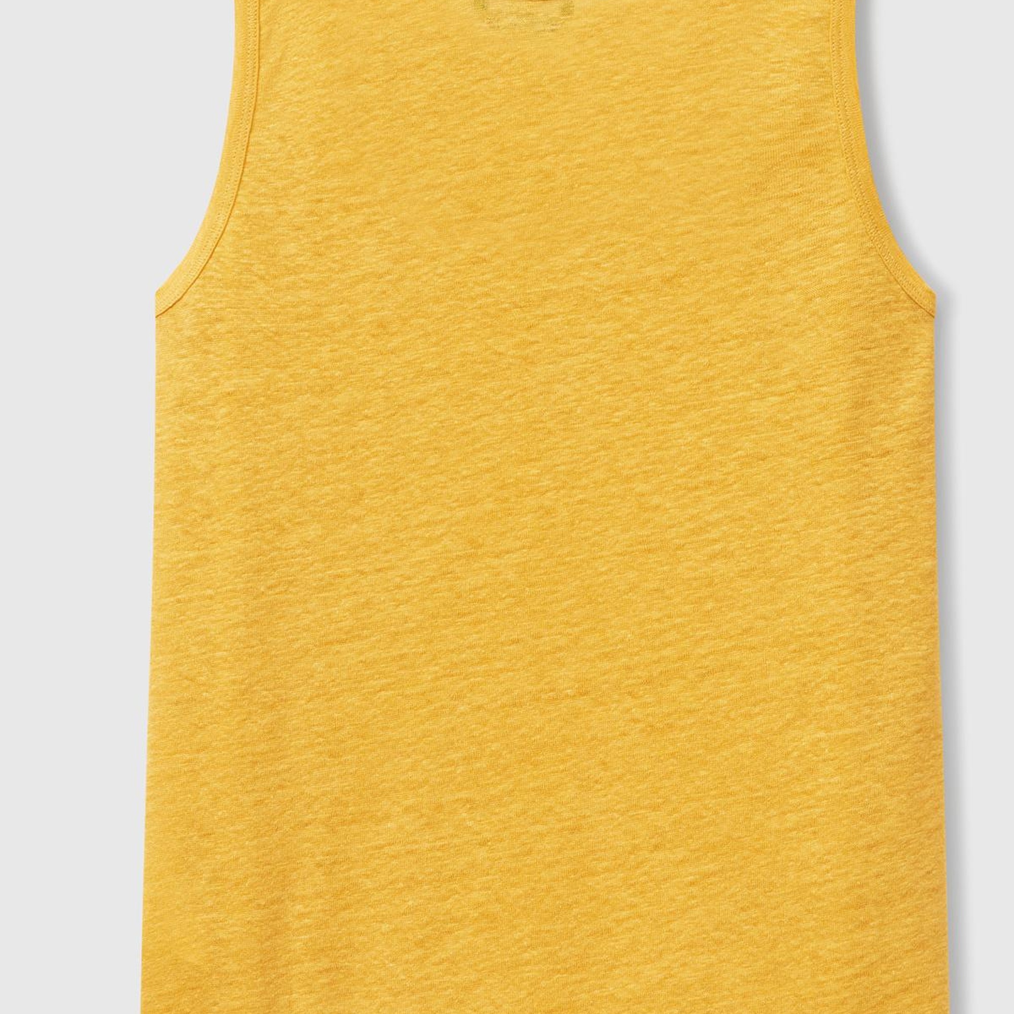 Kadın Sarı %100 Keten Yanları Yırtmaçlı Regular Fit Yuvarlak Yaka Atlet