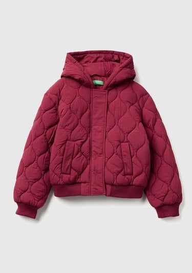  Kız Çocuk Bordo Logo İşlemeli Kapitone Fermuarlı Nervürlü Kapüşonlu Ceket