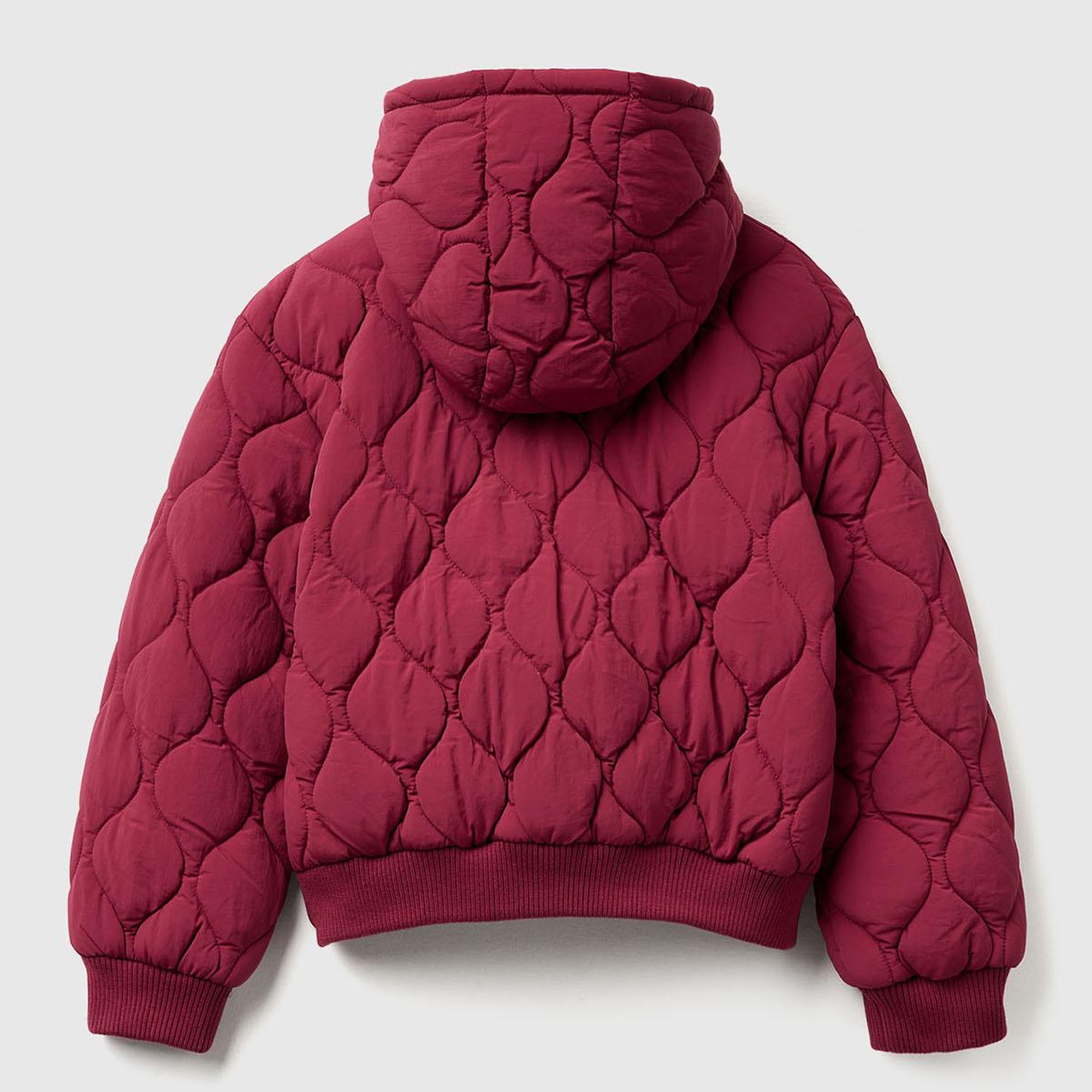 Kız Çocuk Bordo Logo İşlemeli Kapitone Fermuarlı Nervürlü Kapüşonlu Ceket