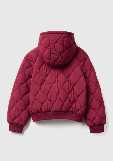  Kız Çocuk Bordo Logo İşlemeli Kapitone Fermuarlı Nervürlü Kapüşonlu Ceket