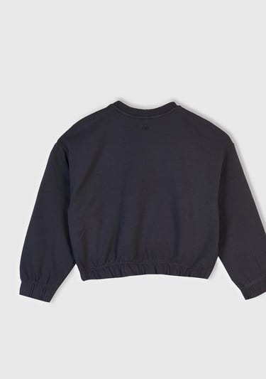  Kız Çocuk Koyu Gri İşlemeli Aplikeli Logo Detaylı Ribana Relaxed Fit Sweatshirt