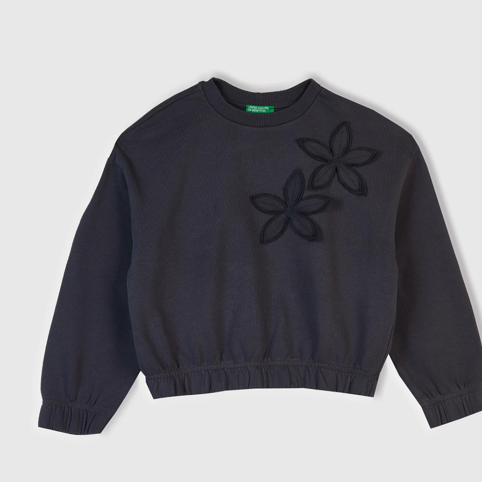 Kız Çocuk Koyu Gri İşlemeli Aplikeli Logo Detaylı Ribana Relaxed Fit Sweatshirt