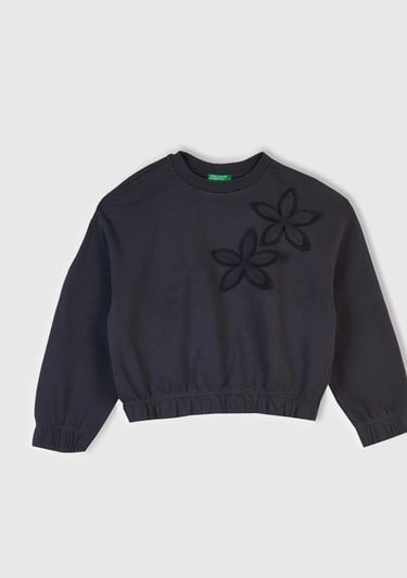  Kız Çocuk Koyu Gri İşlemeli Aplikeli Logo Detaylı Ribana Relaxed Fit Sweatshirt