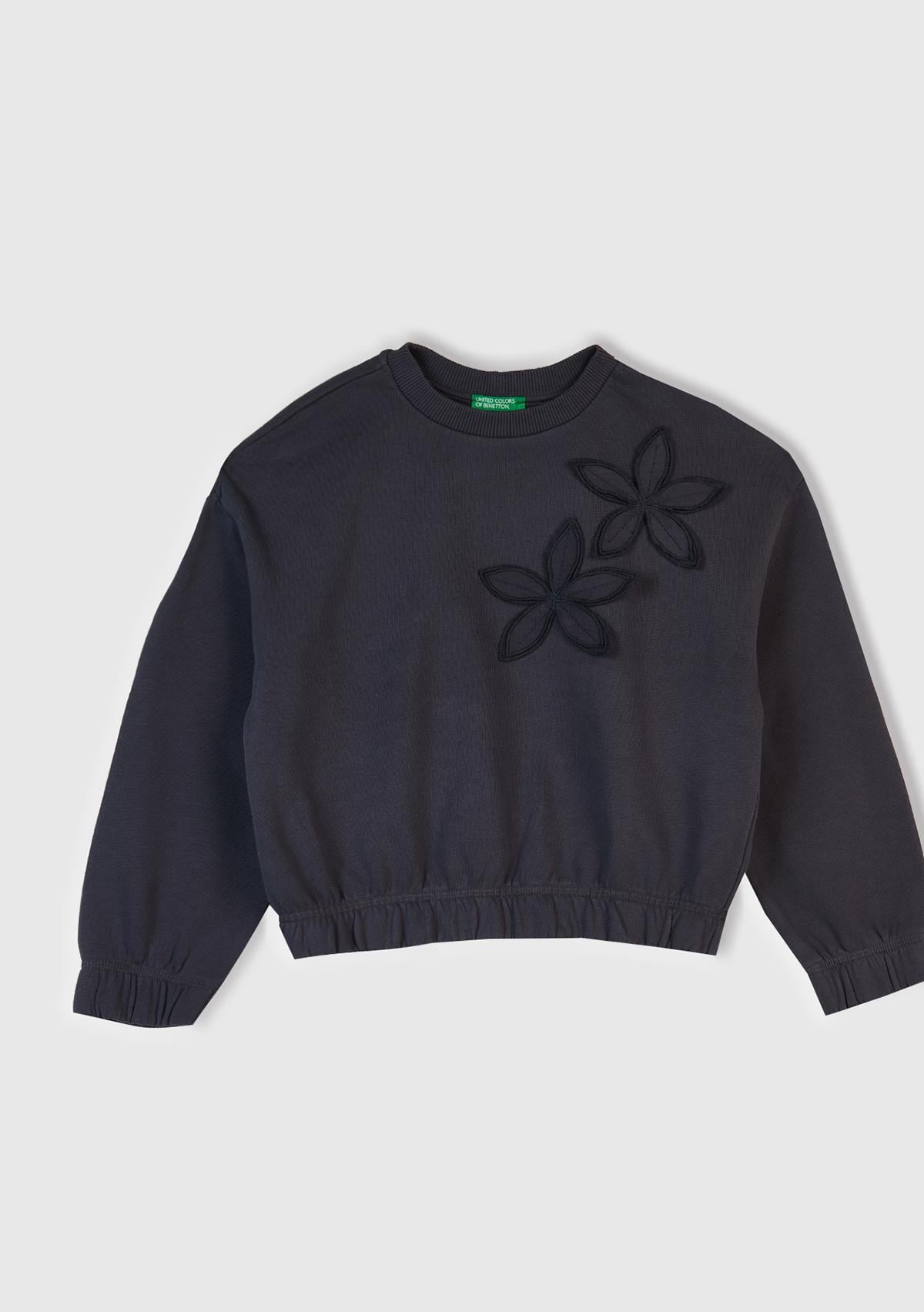 Kız Çocuk Koyu Gri İşlemeli Aplikeli Logo Detaylı Ribana Relaxed Fit Sweatshirt