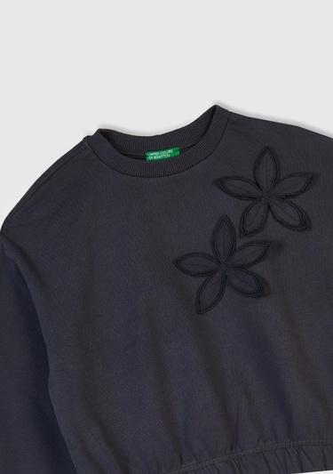  Kız Çocuk Koyu Gri İşlemeli Aplikeli Logo Detaylı Ribana Relaxed Fit Sweatshirt