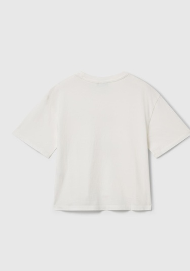  Kız Çocuk Ekru Önü Baskılı Aplikeli Ribana Yakalı Relaxed Fit T-shirt