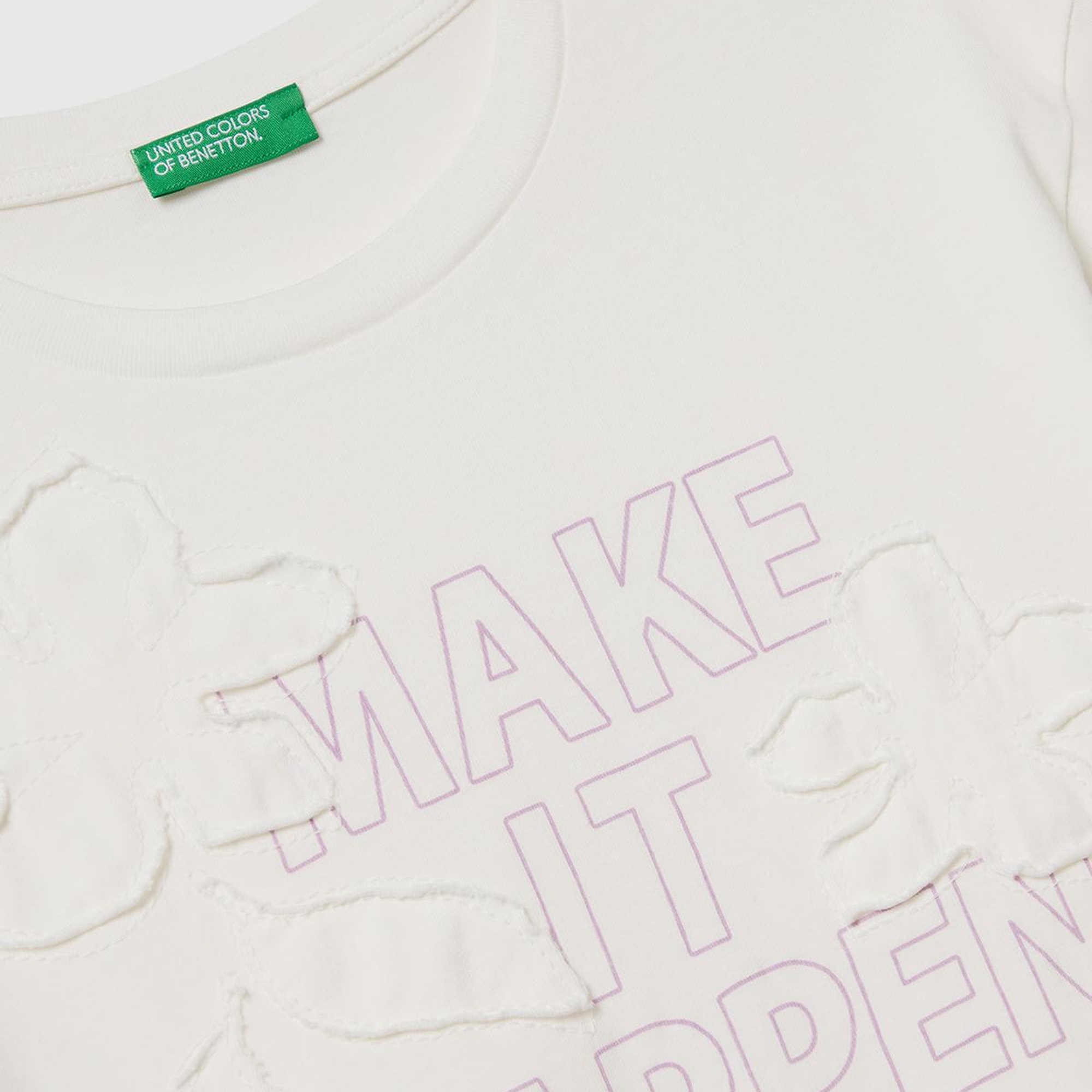 Kız Çocuk Ekru Önü Baskılı Aplikeli Ribana Yakalı Relaxed Fit T-shirt