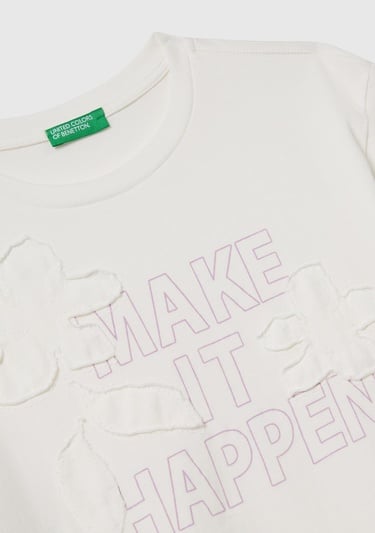  Kız Çocuk Ekru Önü Baskılı Aplikeli Ribana Yakalı Relaxed Fit T-shirt