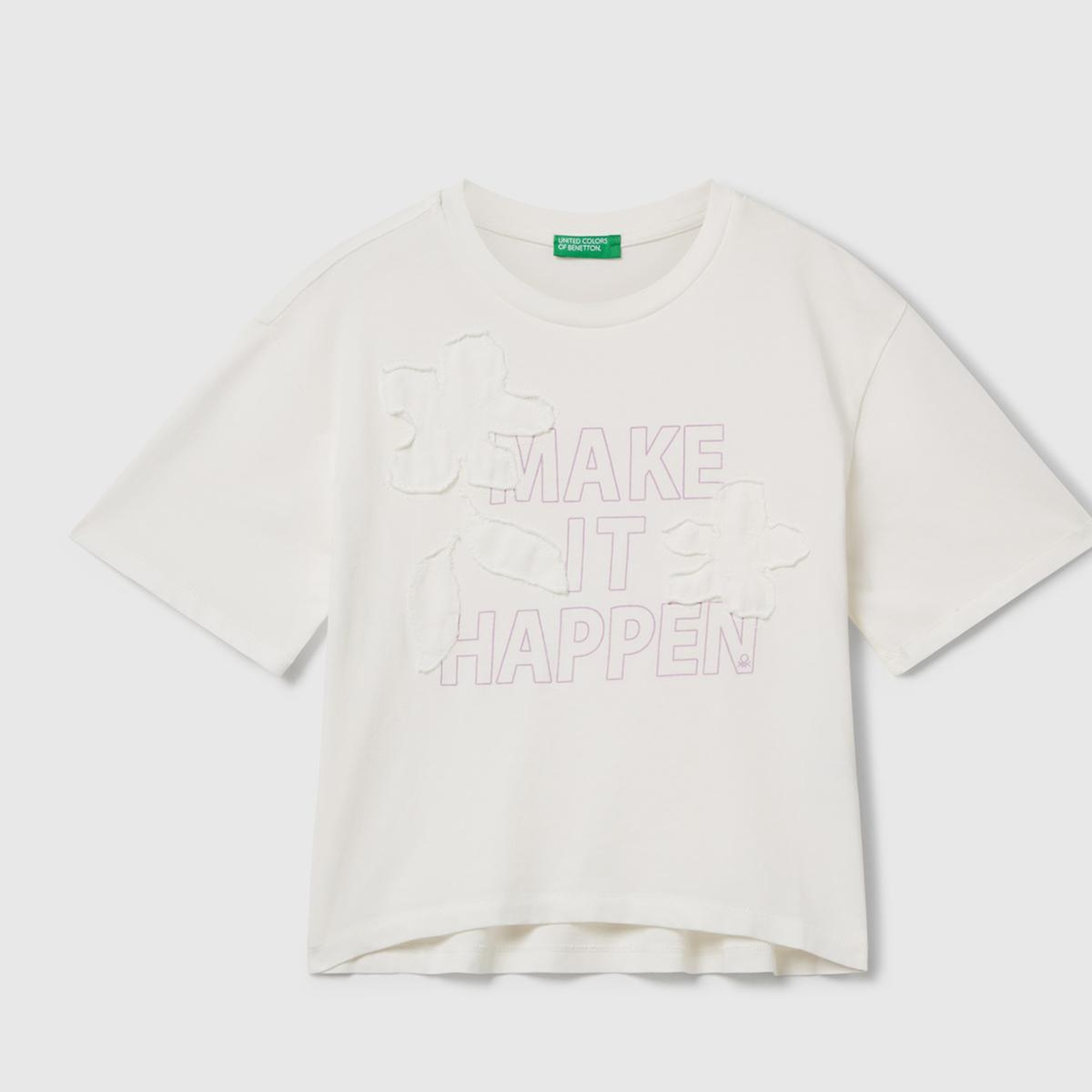 Kız Çocuk Ekru Önü Baskılı Aplikeli Ribana Yakalı Relaxed Fit T-shirt