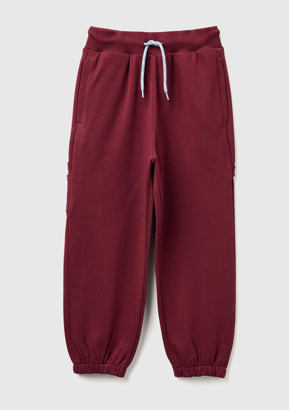  Erkek Çocuk Bordo Cep Detaylı Bileği Büzgülü İpli  Eşofman Altı