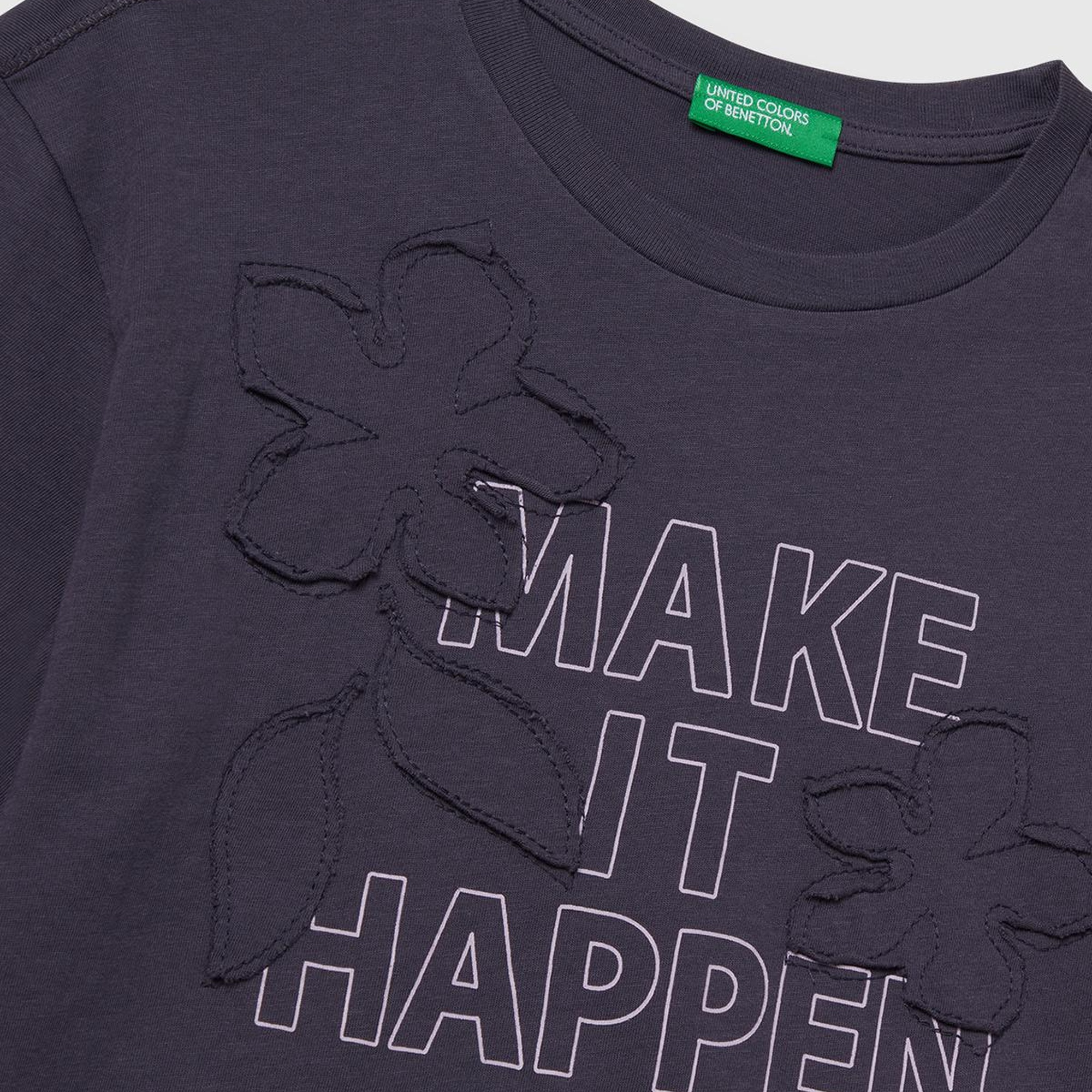 Kız Çocuk Koyu Gri Önü Baskılı Aplikeli Ribana Yakalı Relaxed Fit T-shirt