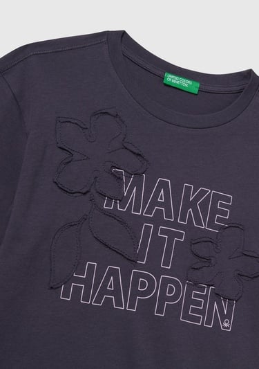  Kız Çocuk Koyu Gri Önü Baskılı Aplikeli Ribana Yakalı Relaxed Fit T-shirt