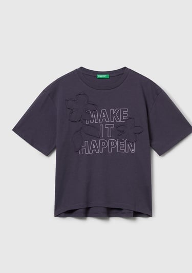  Kız Çocuk Koyu Gri Önü Baskılı Aplikeli Ribana Yakalı Relaxed Fit T-shirt