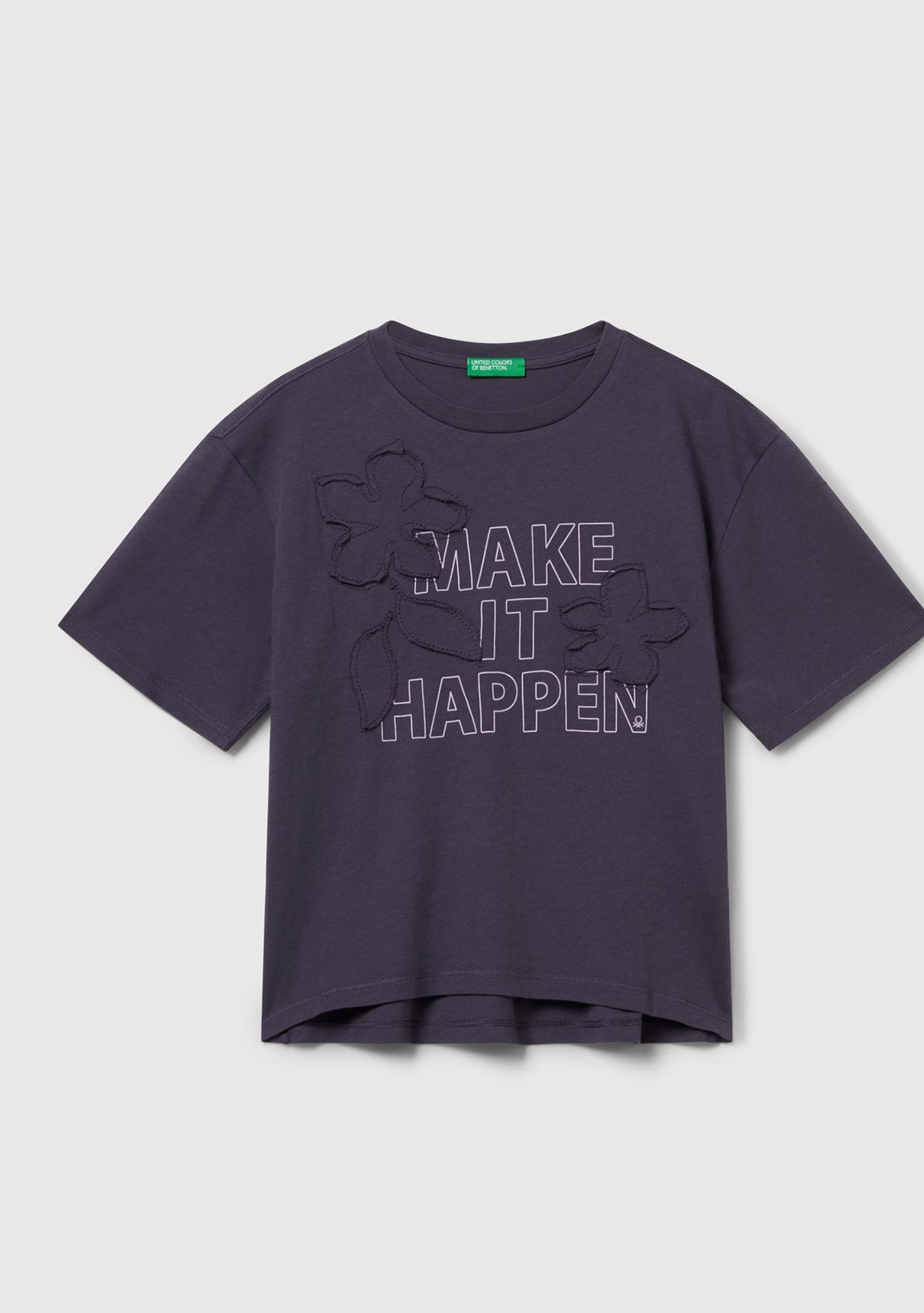  Kız Çocuk Koyu Gri Önü Baskılı Aplikeli Ribana Yakalı Relaxed Fit T-shirt