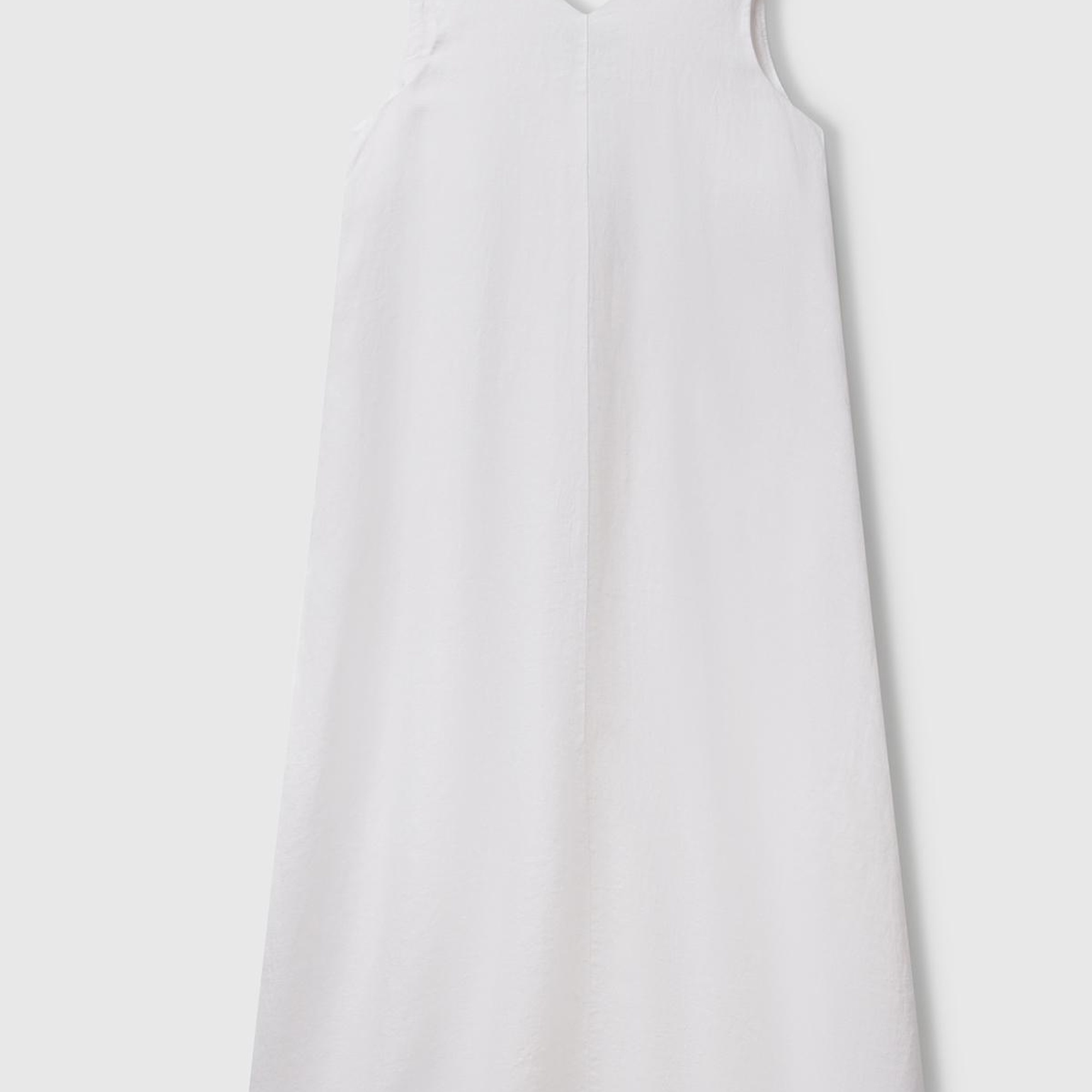 Kadın Beyaz %100 Keten V Yaka Kolsuz A Kesim Midi Elbise