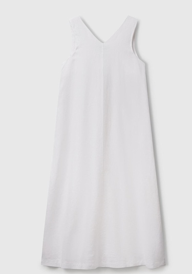  Kadın Beyaz %100 Keten V Yaka Kolsuz A Kesim Midi Elbise
