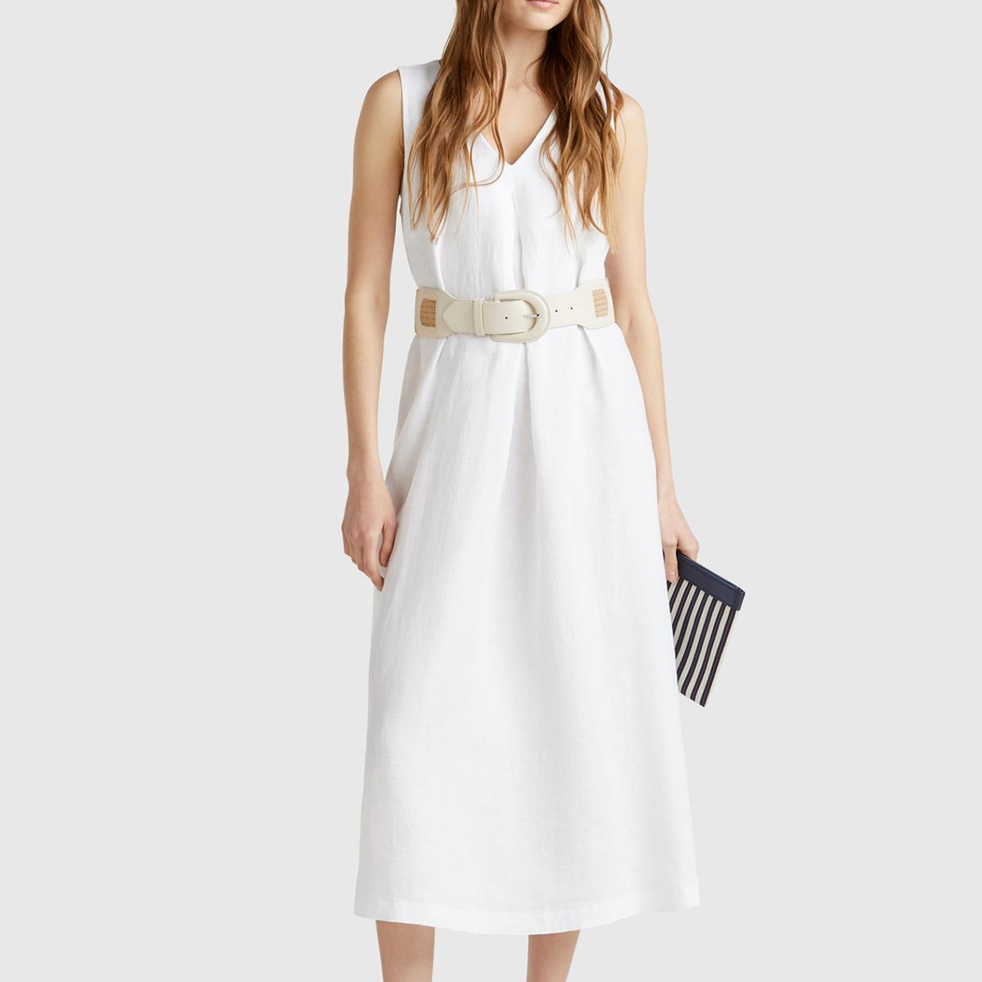 Kadın Beyaz %100 Keten V Yaka Kolsuz A Kesim Midi Elbise