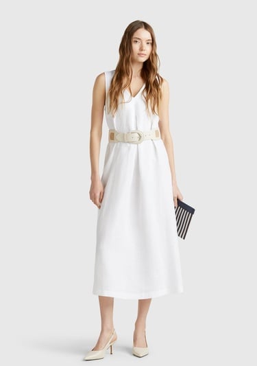  Kadın Beyaz %100 Keten V Yaka Kolsuz A Kesim Midi Elbise