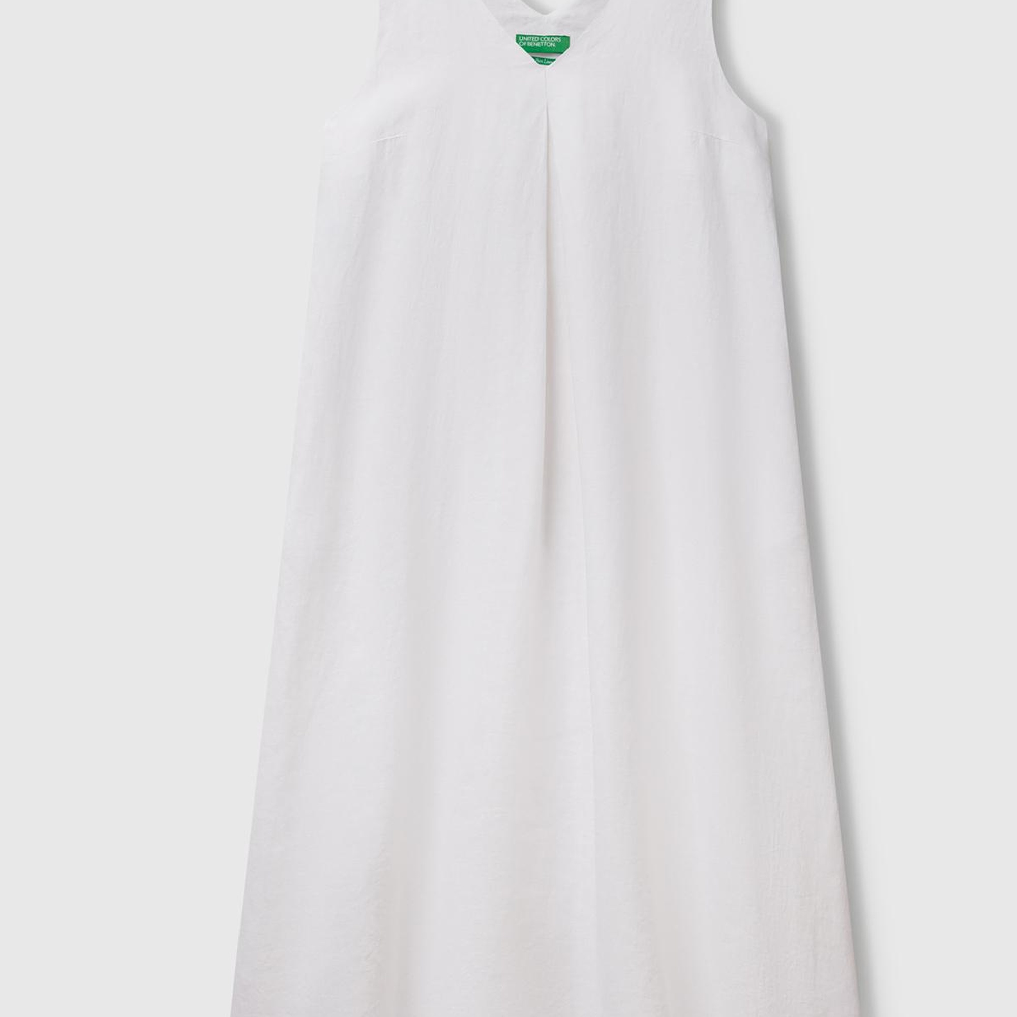 Kadın Beyaz %100 Keten V Yaka Kolsuz A Kesim Midi Elbise