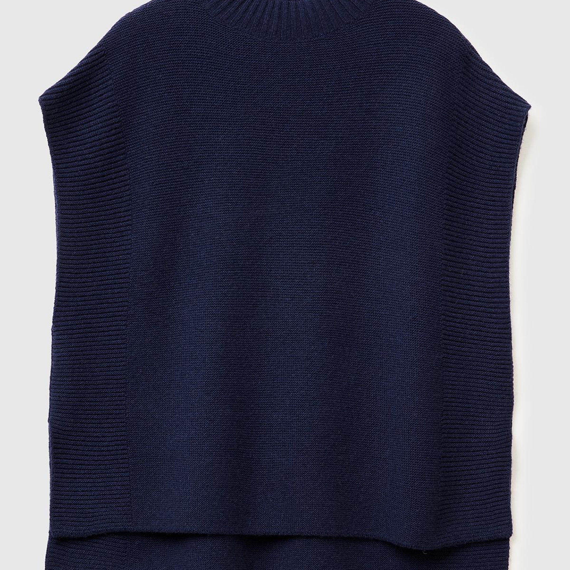 Kadın Lacivert Yün Karışımlı Ribana Detaylı Yırtmaçlı Kolsuz Kazak