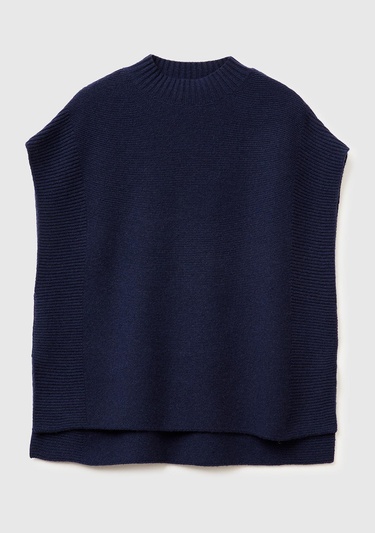  Kadın Lacivert Yün Karışımlı Ribana Detaylı Yırtmaçlı Kolsuz Kazak