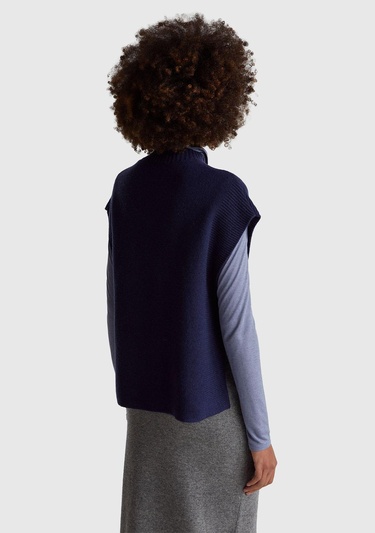  Kadın Lacivert Yün Karışımlı Ribana Detaylı Yırtmaçlı Kolsuz Kazak