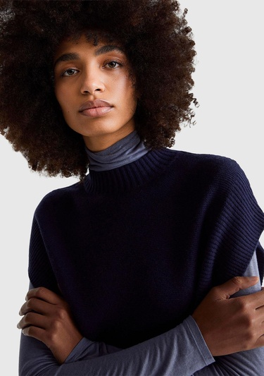  Kadın Lacivert Yün Karışımlı Ribana Detaylı Yırtmaçlı Kolsuz Kazak