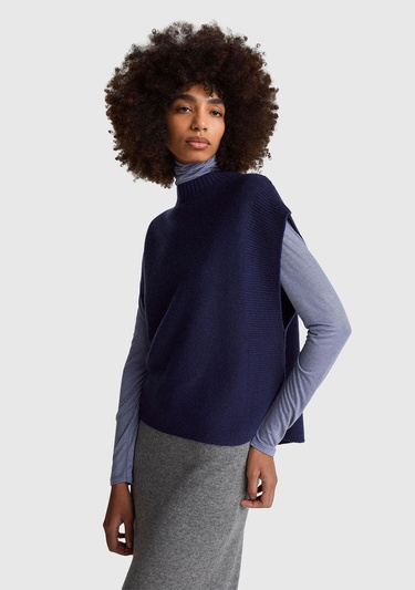  Kadın Lacivert Yün Karışımlı Ribana Detaylı Yırtmaçlı Kolsuz Kazak