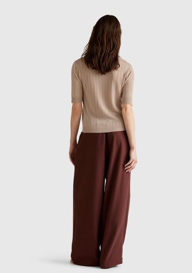  Kadın Bej %100 Liyosel Nervür Detaylı Kısa Kollu Polo Yaka Kazak