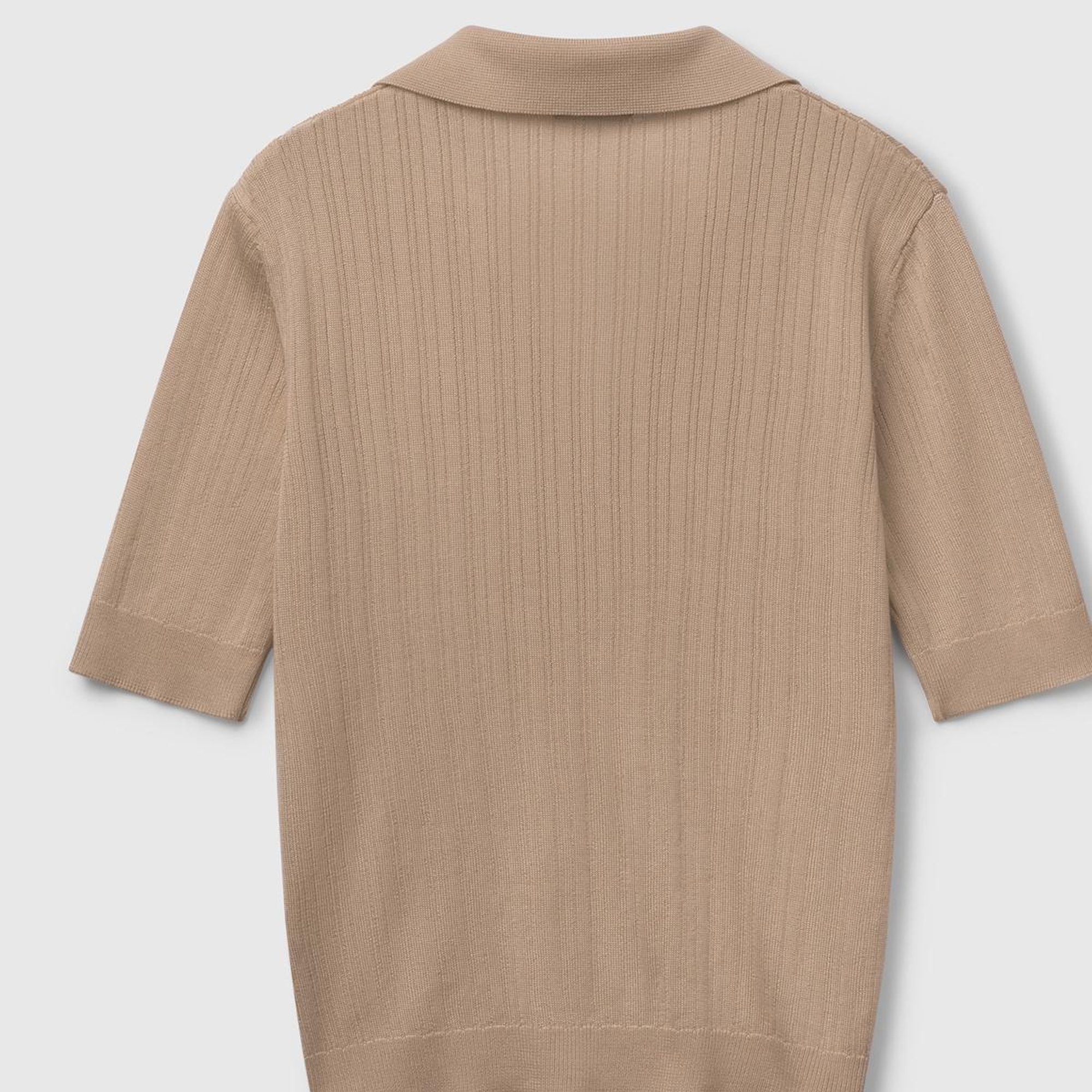 Kadın Bej %100 Liyosel Nervür Detaylı Kısa Kollu Polo Yaka Kazak