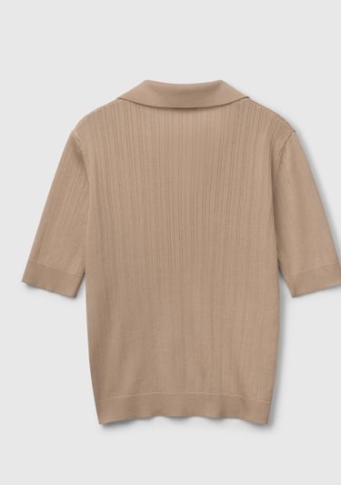  Kadın Bej %100 Liyosel Nervür Detaylı Kısa Kollu Polo Yaka Kazak