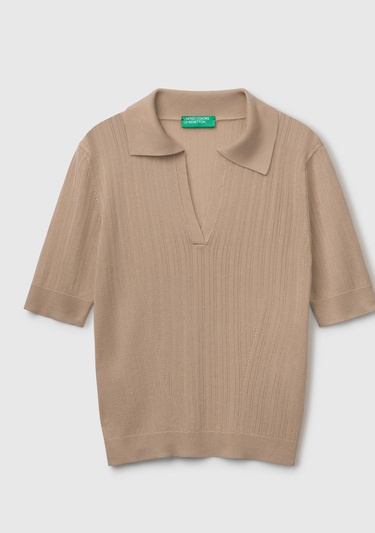  Kadın Bej %100 Liyosel Nervür Detaylı Kısa Kollu Polo Yaka Kazak