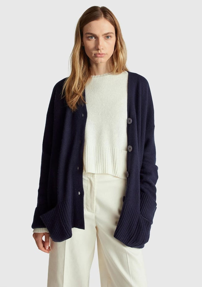  Kadın Lacivert Yün ve Viskoz Karışımlı Ribana Detaylı Düğmeli Hırka